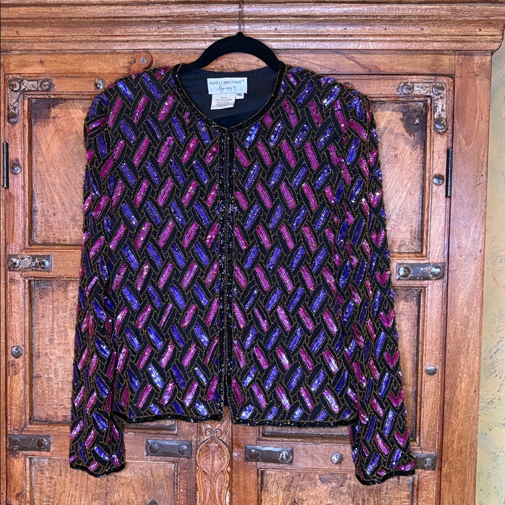 VTG PAPELL BOUTIQUE EVENING SEQUIN BEADED SILK JACKET purples blues black sz 10
